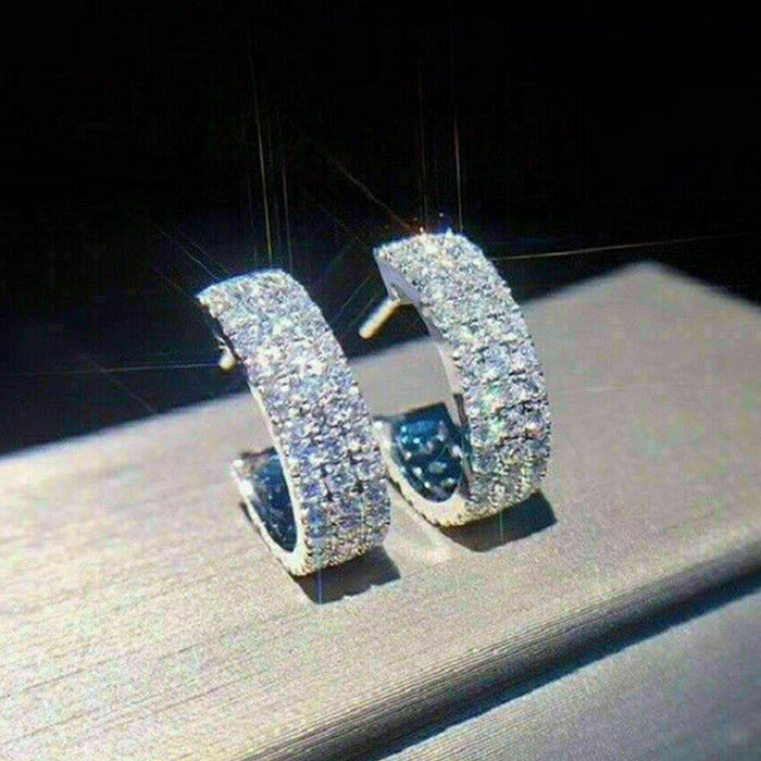 Triple Row Pavé Huggie Hoop Earrings in Silver Tone