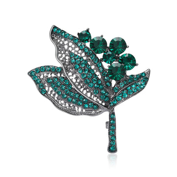 Crystal Leaf Cluster Brooch with Layered Openwork Foliage