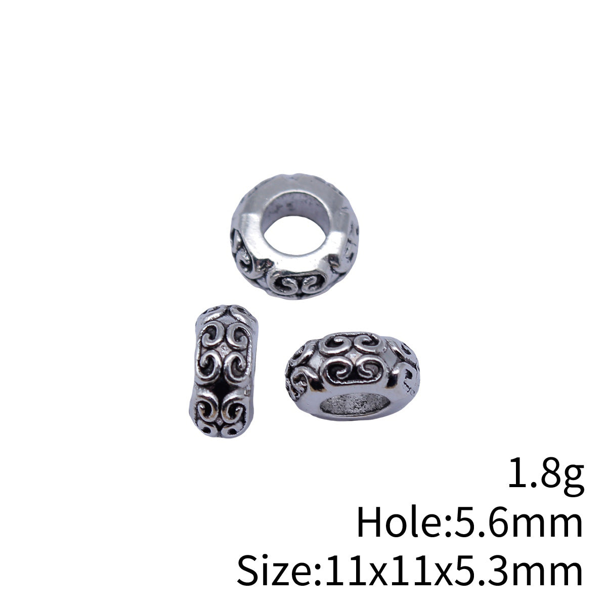 11x11x5.3mm 1.8g Antique Silver Zinc Alloy Carved Round Large Hole Spacer Beads for Bracelet Making