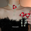 Red Flower Pearl Double Strand Choker Drop Earrings view 3