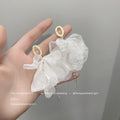 White Sheer Fabric Flower Drop Earrings Pearl Tassels view 3