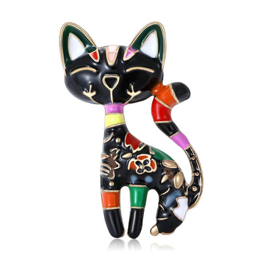 Patterned Enamel Cat Brooch With Curled Tail in Two Face Colors