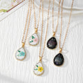 Gold Tone Teardrop Pressed Flower Pendant Necklaces in Five Designs view 1