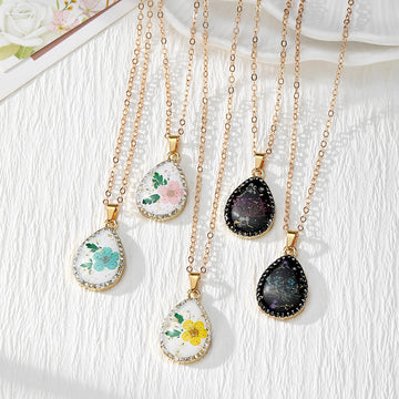 Gold Tone Teardrop Pressed Flower Pendant Necklaces in Five Designs