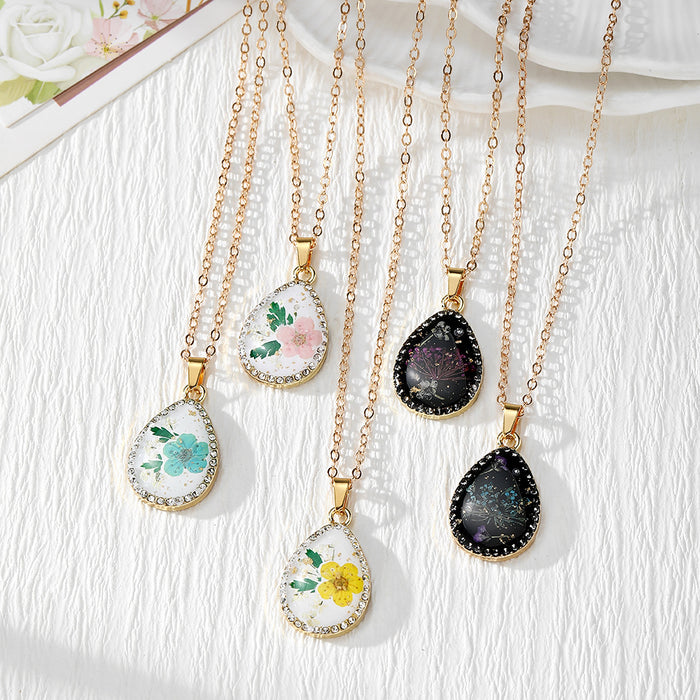 Gold Tone Teardrop Pressed Flower Pendant Necklaces in Five Designs
