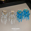 Crystal Floral Chandelier Earrings With Blue Or Clear Fringe view 3