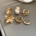Gold Silver Open Flower Pearl Metal Ring Six Piece Sets view 6