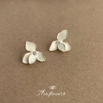 White Three Petal Enamel Crystal Center Stud Earrings Pair