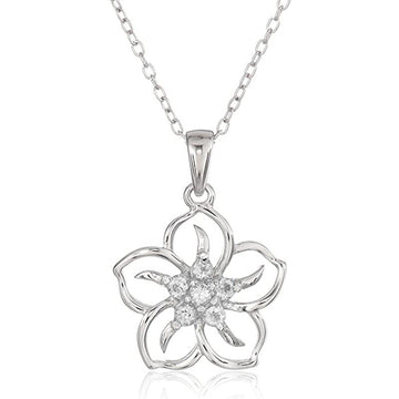 Silver Five Petal Flower Clear CZ Pendant Necklace