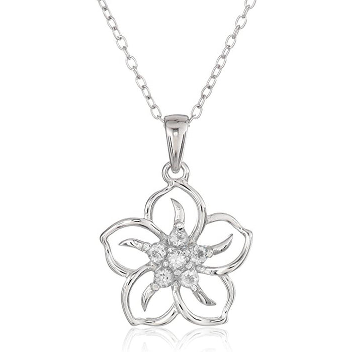 Silver Five Petal Flower Clear CZ Pendant Necklace