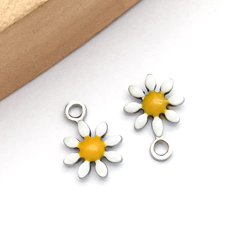 Gold Tone Enamel Stainless Steel Daisy Flower Double Sided Charm Pendant for DIY Bracelet Keychain