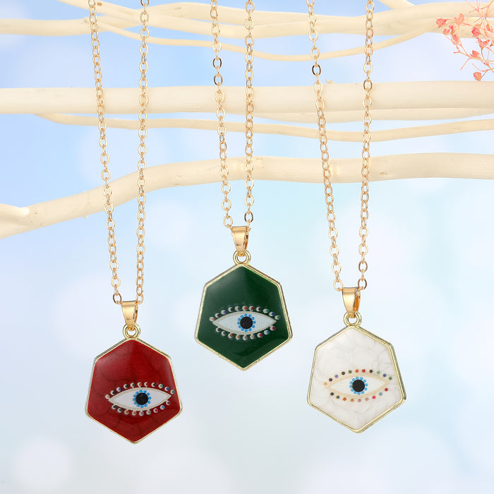 Gold Tone Hexagonal Eyelash Evil Eye Pendant Necklaces in Three Colors