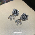 Black Silver Rose And Crystal Leaf Dangle Stud Earrings view 4
