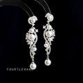 Silver Pearl Crystal Vine Swirl Long Drop Earrings view 3
