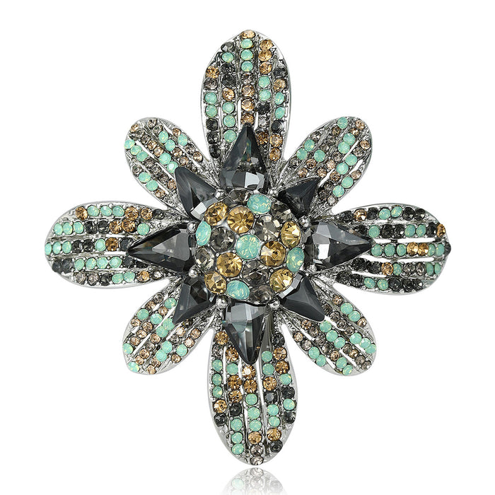 Full Crystal Flower Brooch Mint Green Gray Stones Eight Petals