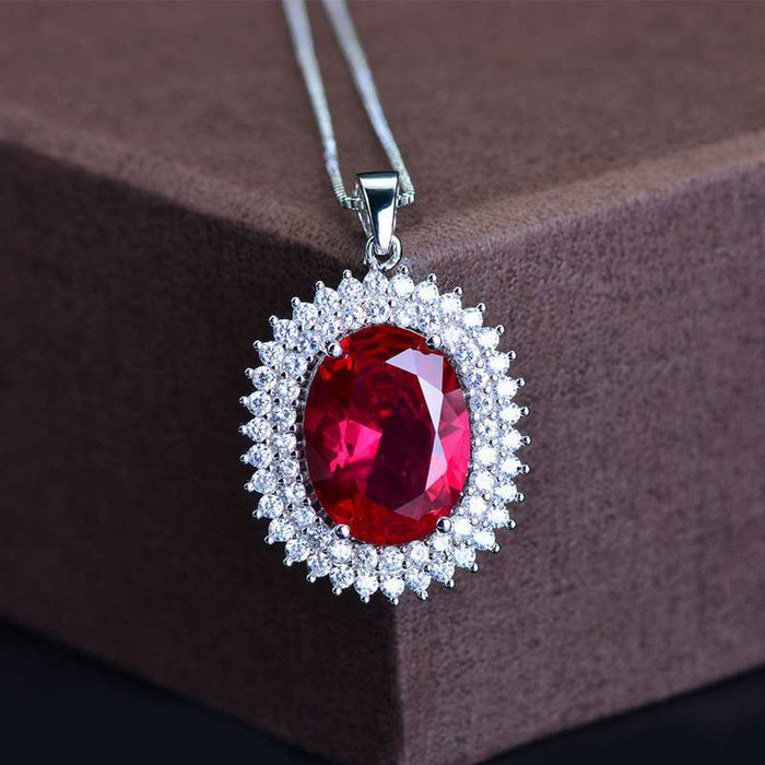 Silver Red Oval Halo Pendant Necklace Clear Stone Frame