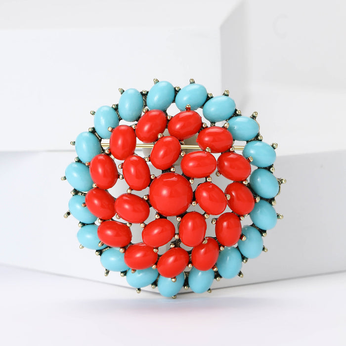 Red and Turquoise Round Cluster Brooch with Detailed Metal-tone Finish