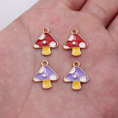 Red Mushroom, Purple Mushroom spotted mushroom enamel charms in image 1, shown from the front