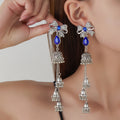 Blue and Red Bow Teardrop Silver Tone Jhumka Earrings view 6