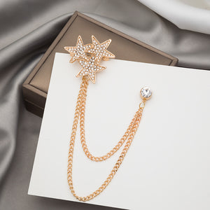Pave Crystal Double Star Chain Brooch Gold Silver Finishes