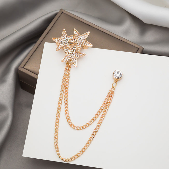 Pave Crystal Double Star Chain Brooch Gold Silver Finishes