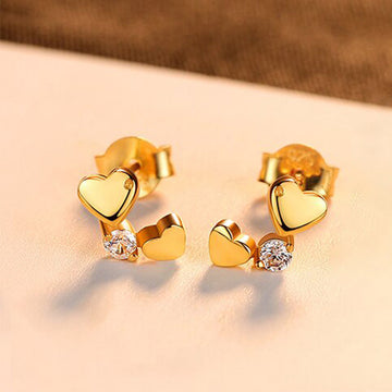 Dual Heart Clear CZ Stud Earrings Gold and Silver Tones