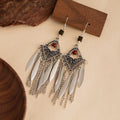 Red Bead Silver Diamond Leaf and Chain Tassel Earrings view 2