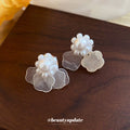 White Petal Cluster Stud Earrings With Pearl Like Beads view 3