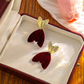 Gold Shell Stud Burgundy Velvet Petal Drop Earrings view 2
