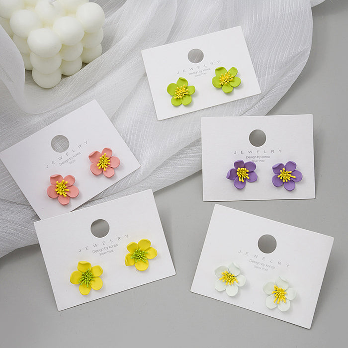 Pink Painted Five Petal Flower Small Stud Earrings