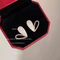 Gold Heart Stud Earrings White Enamel Open Crystal Outline view 6