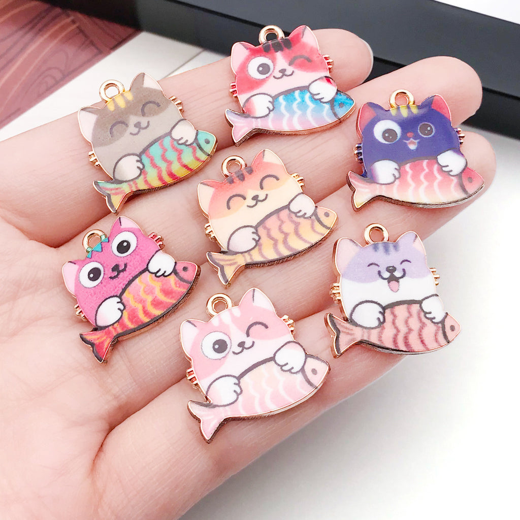 Zinc Alloy Enamel Cat Eating Fish Charm Pendant for DIY Keychain Necklace