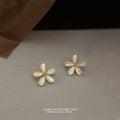 Cream Cat Eye Glass Five Petal Flower Stud Earrings view 3