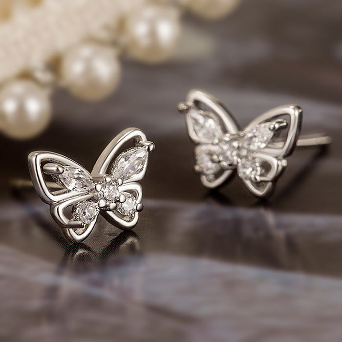 Butterfly Crystal Stud Earrings Gold Silver Two Tones