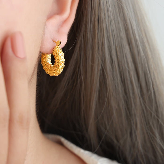 Woven Texture U Shape Hoop Earrings Gold Steel Finish