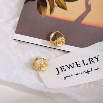 Gold Tone Layered Camellia Flower Small Hoop Earrings