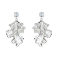 Silver Tone Clear Square Top And Ruffled Leaf Drop Stud Earrings view 5