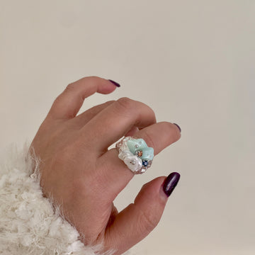 Silver Open Cluster Mint Chip Pearl Crystal Ring Style