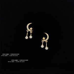 Gold Tone Crescent Moon Clear Stone Star Drop Stud Earrings