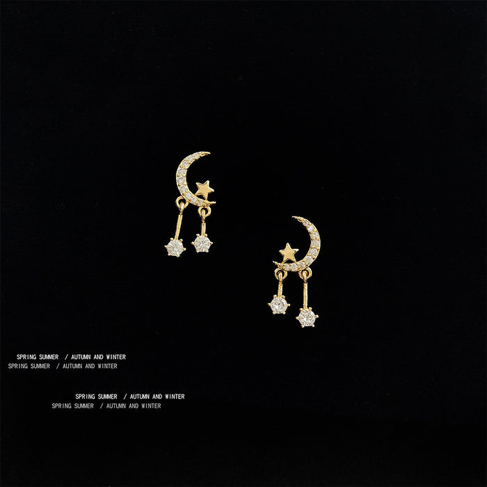 Gold Tone Crescent Moon Clear Stone Star Drop Stud Earrings