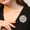Round Iridescent Crystal Flower Brooch in Gold or Silver Tone view 2