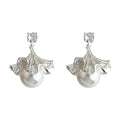 Silver Crystal Stud Pearl Ruffle Petal Drop Earrings view 5