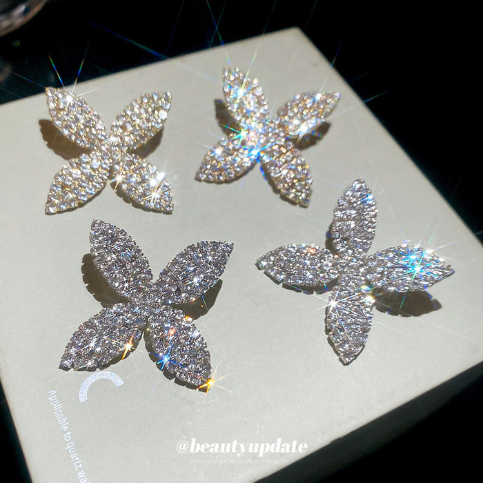Crystal Four-Petal Flower Stud Earrings in Two Tones