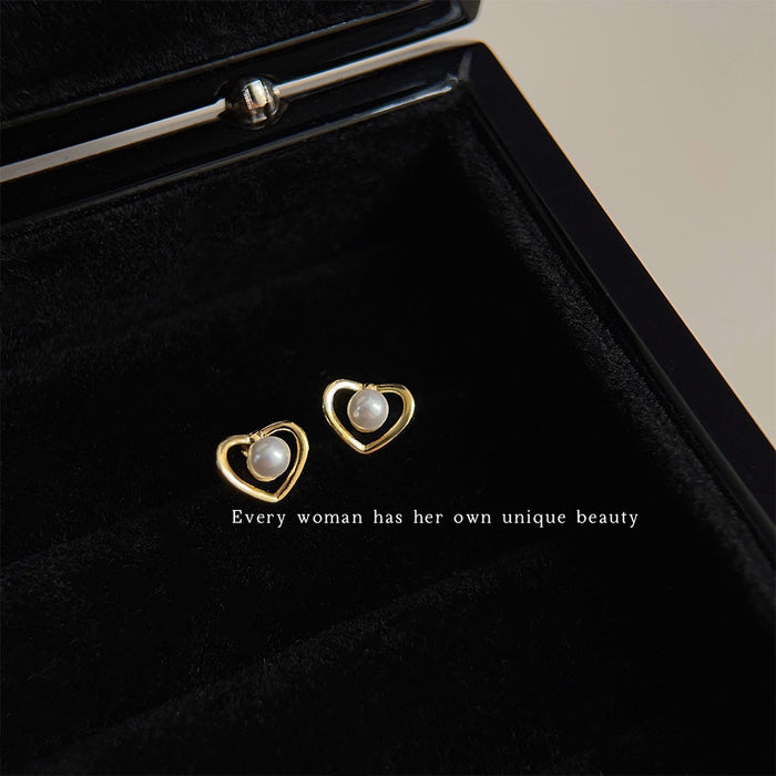 Gold Open Heart Stud Earrings with White Pearl Center