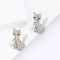 Crystal Cat Brooch Holding a Large Pearl Decorative Clothing Pin view 1