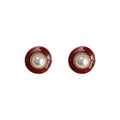Red Enamel Circular Pearl Stud Earrings Gold Rim Vintage view 5