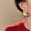 Gold Textured Frame Pearl Center Earrings Red Green Cabochons view 3