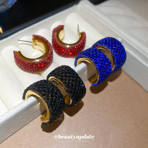 Crystal Pave Wide C Hoop Earrings in Black and Red