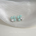 Mint Green Four-Leaf Flower Stud Earrings Clear CZ view 1