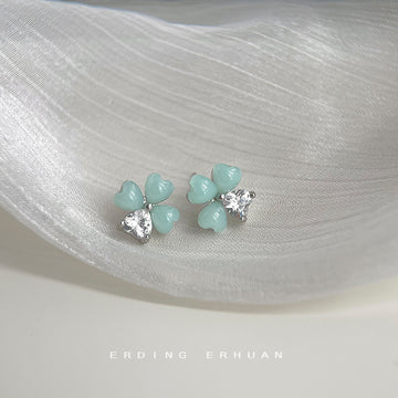 Mint Green Four-Leaf Flower Stud Earrings Clear CZ
